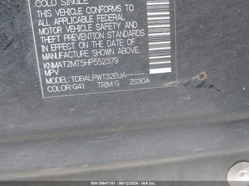 2017 Nissan Rogue S VIN: KNMAT2MT5HP552379 Lot: 39647181