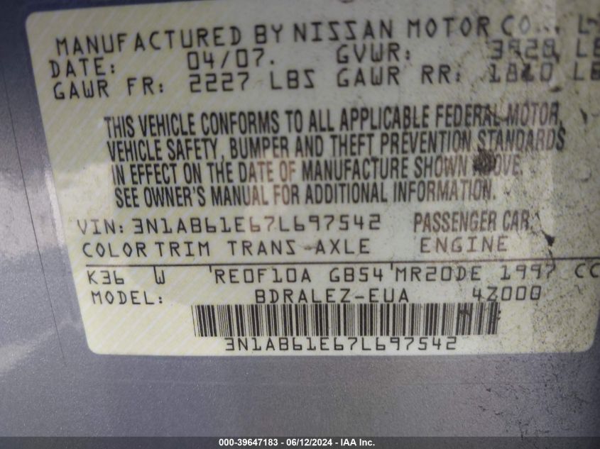 2007 Nissan Sentra 2.0S VIN: 3N1AB61E67L697542 Lot: 39647183