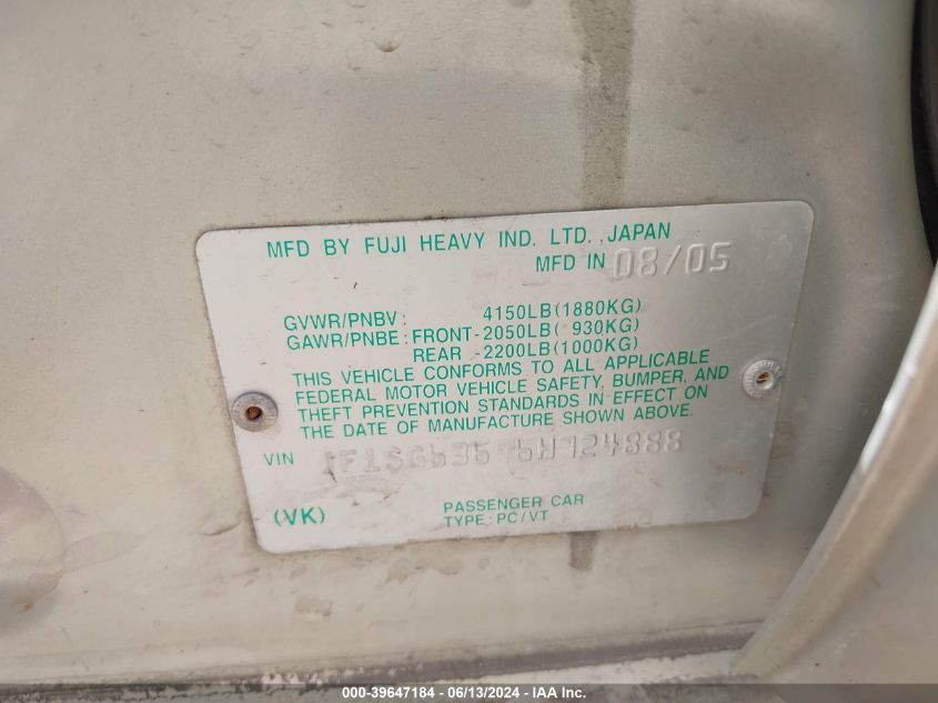 2006 Subaru Forester 2.5X VIN: JF1SG63696H724888 Lot: 39647184