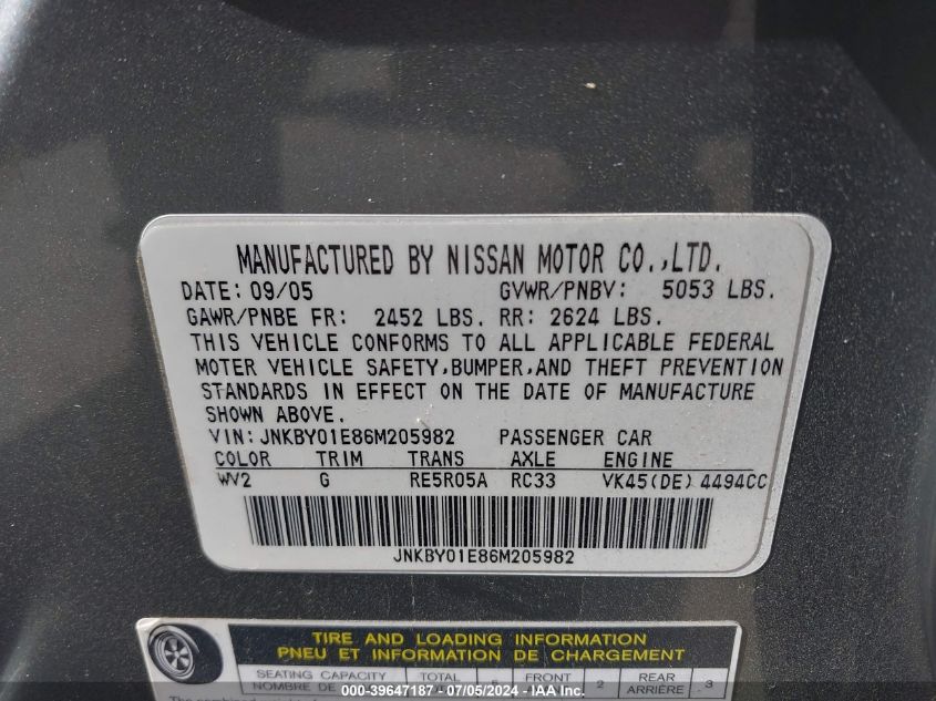 2006 Infiniti M45 Sport VIN: JNKBY01E86M205982 Lot: 39647187