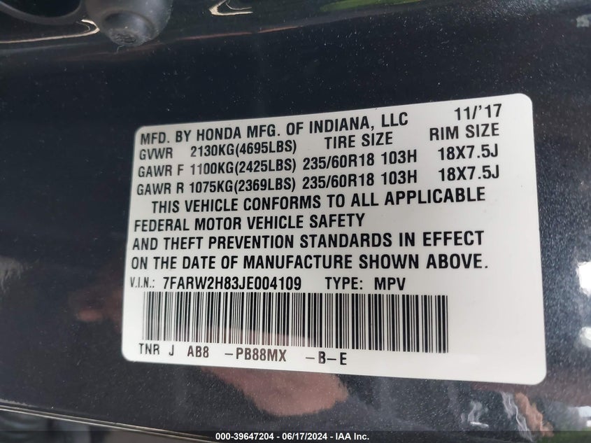 VIN 7FARW2H83JE004109 2018 HONDA CR-V EX-L/EX-L NAVI