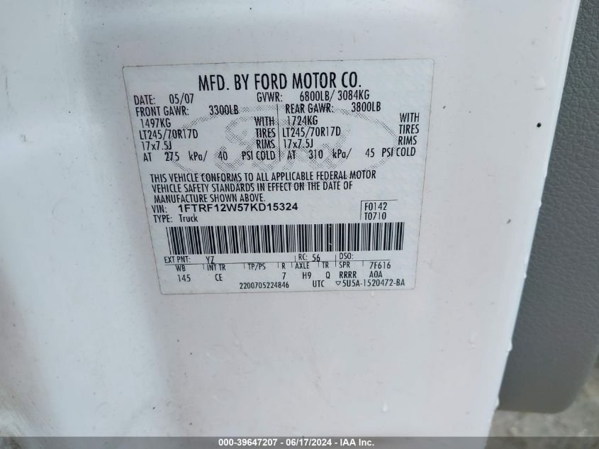 2007 Ford F-150 Stx/Xl/Xlt VIN: 1FTRF12W57KD15324 Lot: 39647207
