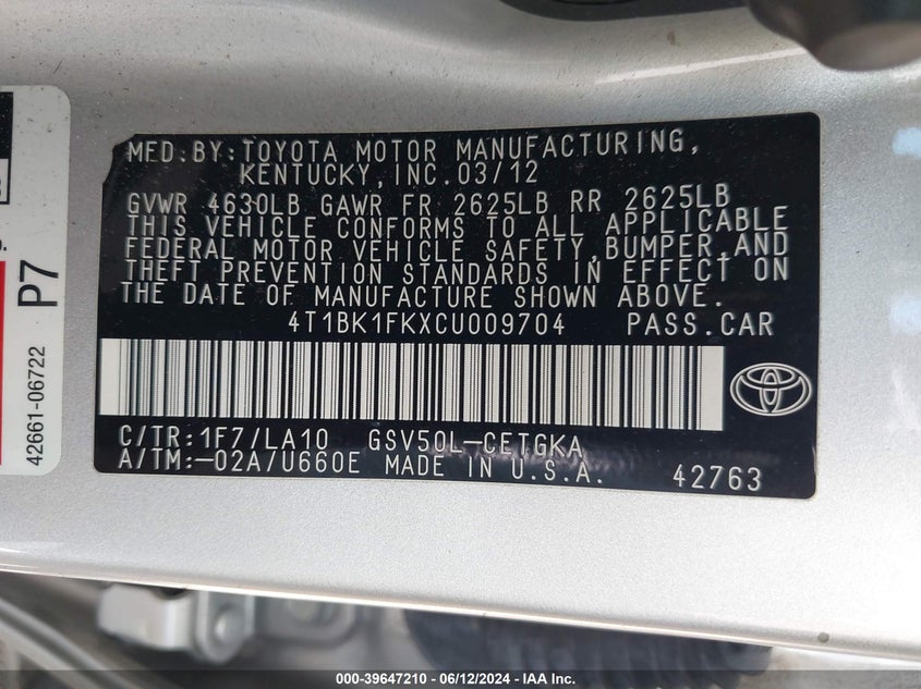 2012 Toyota Camry Xle V6 VIN: 4T1BK1FKXCU009704 Lot: 39647210
