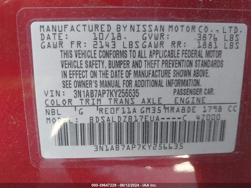 VIN 3N1AB7AP7KY256635 2019 NISSAN SENTRA SV