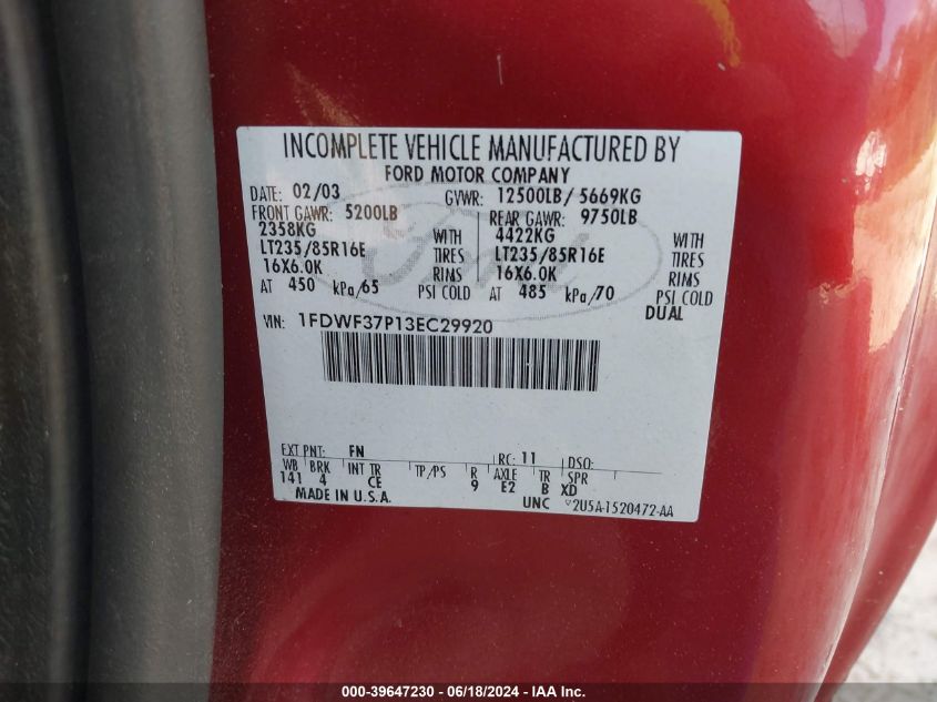 2003 Ford F-350 Xl/Xlt VIN: 1FDWF37P13EC29920 Lot: 39647230