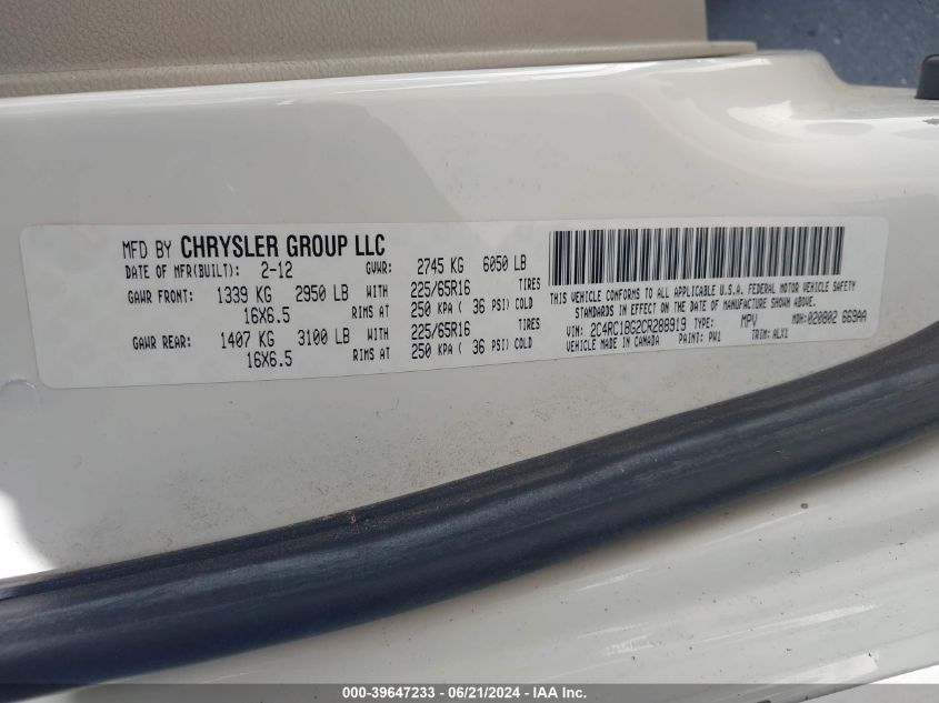 2012 Chrysler Town & Country Touring VIN: 2C4RC1BG2CR288919 Lot: 39647233