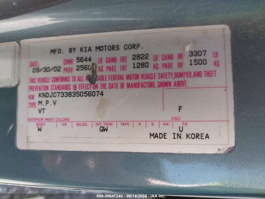 2003 Kia Sorento Ex/Lx VIN: KNDJC733835056074 Lot: 39647240