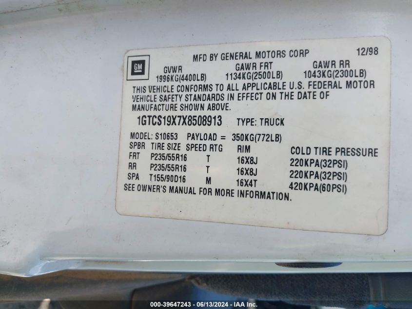 1999 GMC Sonoma Sls VIN: 1GTCS19X7X8508913 Lot: 39647243