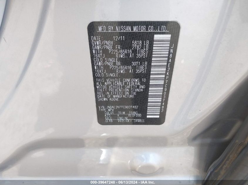 2012 Nissan Quest Sv VIN: JN8AE2KP7C9037482 Lot: 39647248