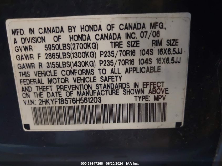 2006 Honda Pilot Ex-L VIN: 2HKYF18576H561203 Lot: 39647258