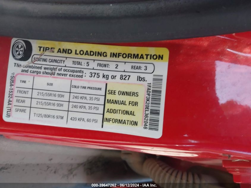 2014 Ford Focus Se VIN: 1FADP3K20EL362046 Lot: 39647262