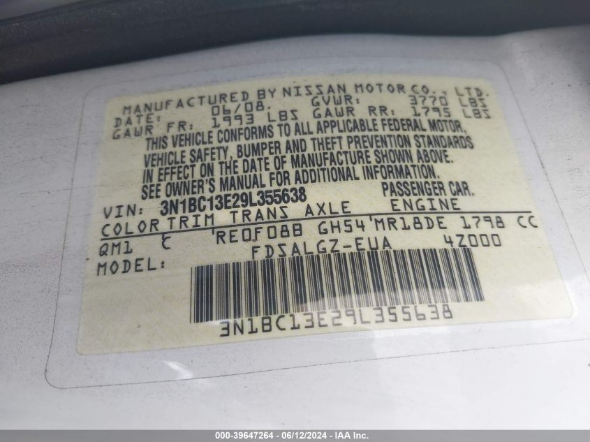 2009 Nissan Versa 1.8Sl VIN: 3N1BC13E29L355638 Lot: 39647264