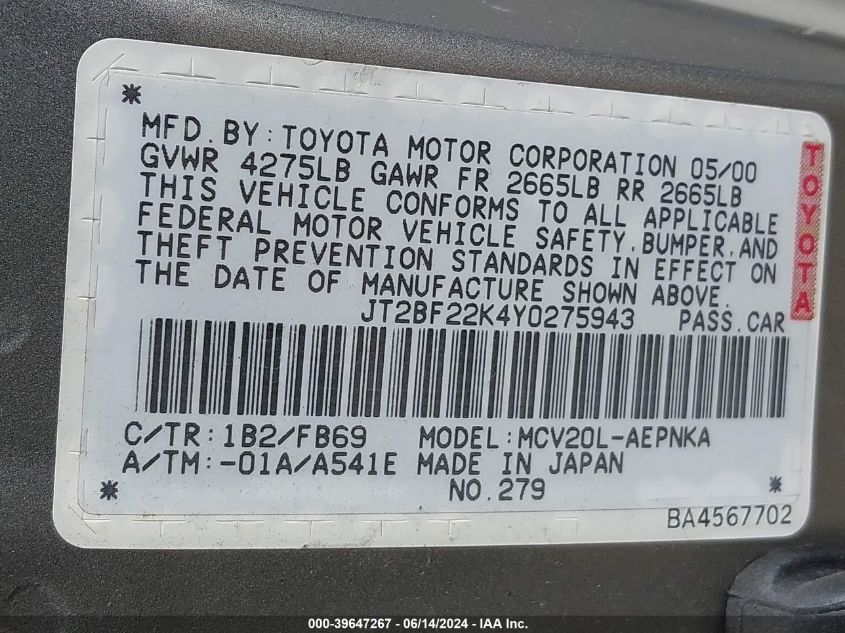 2000 Toyota Camry Le V6 VIN: JT2BF22K4Y0275943 Lot: 39647267