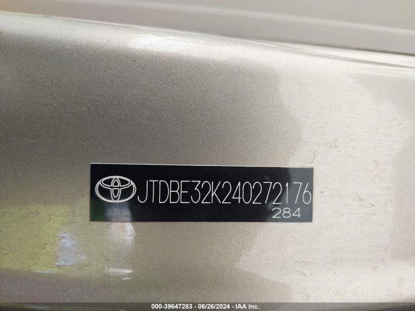 2004 Toyota Camry Le VIN: JTDBE32K240272176 Lot: 39647283