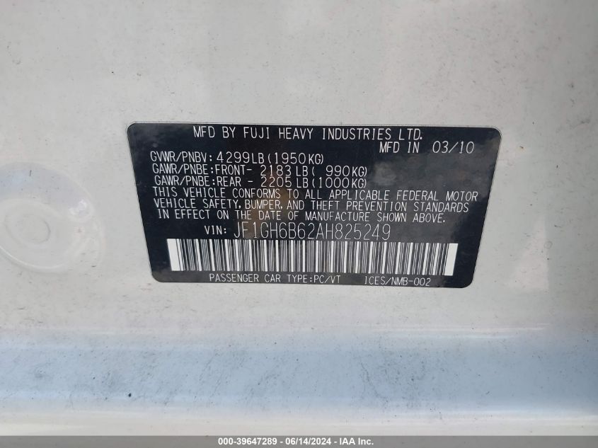 2010 Subaru Impreza 2.5I Premium VIN: JF1GH6B62AH825249 Lot: 39647289