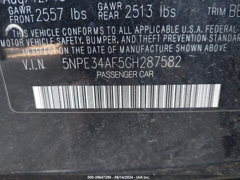 2016 Hyundai Sonata Sport VIN: 5NPE34AF5GH287582 Lot: 39647290