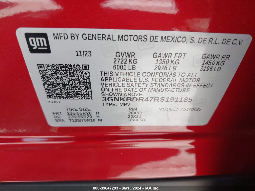 2024 Chevrolet Blazer Fwd 3Lt VIN: 3GNKBDR47RS191185 Lot: 39647293