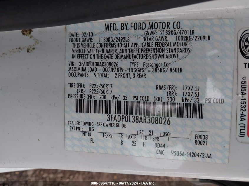 2010 Ford Fusion Hybrid VIN: 3FADP0L38AR308026 Lot: 39647318