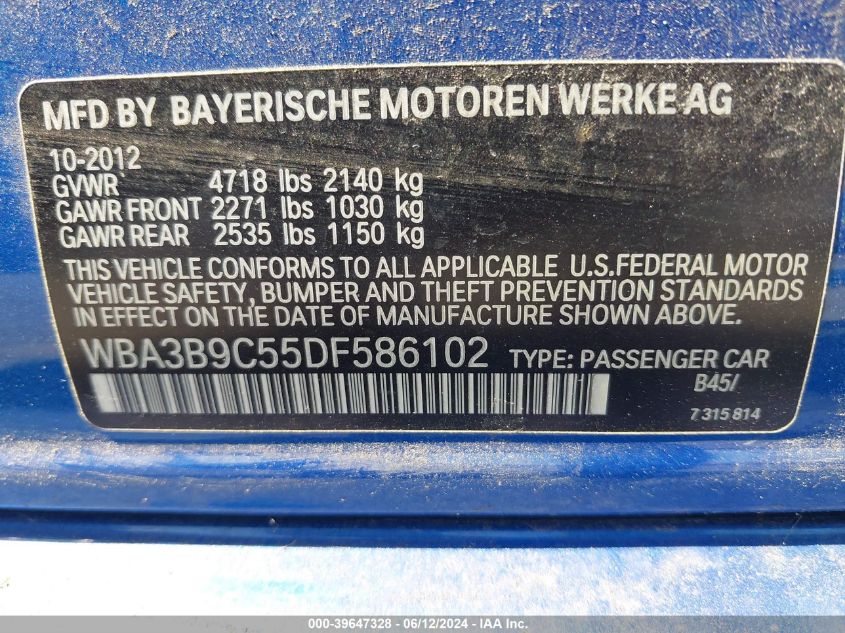 2013 BMW 335I xDrive VIN: WBA3B9C55DF586102 Lot: 39647328