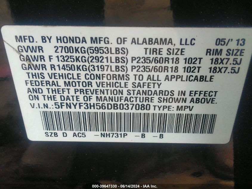 2013 Honda Pilot Ex-L VIN: 5FNYF3H56DB037080 Lot: 39647330