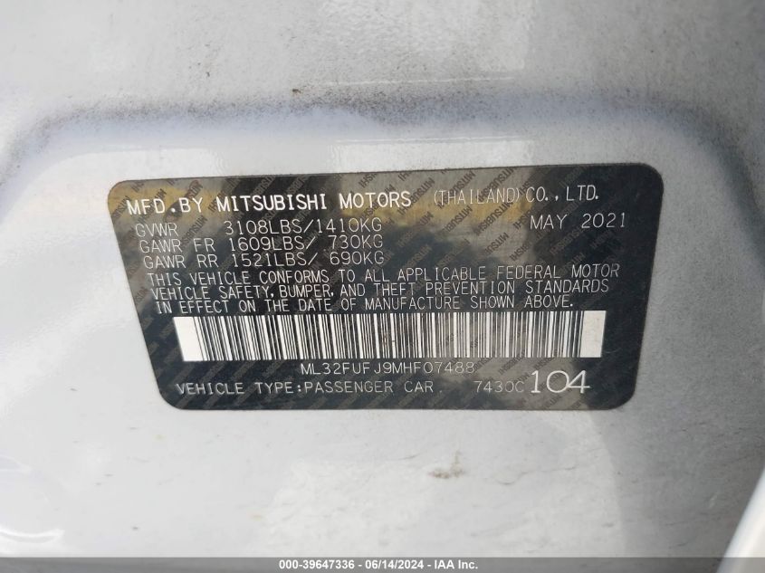 2021 Mitsubishi Mirage G4 Carbonite Edition/Es/Le VIN: ML32FUFJ9MHF07488 Lot: 39647336