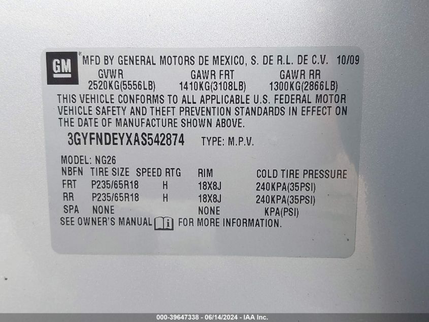 2010 Cadillac Srx Luxury Collection VIN: 3GYFNDEYXAS542874 Lot: 39647338