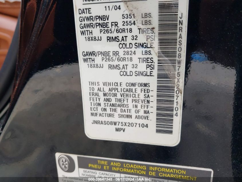 2004 Infiniti Fx35 VIN: JNRAS08U64X110022 Lot: 39647345