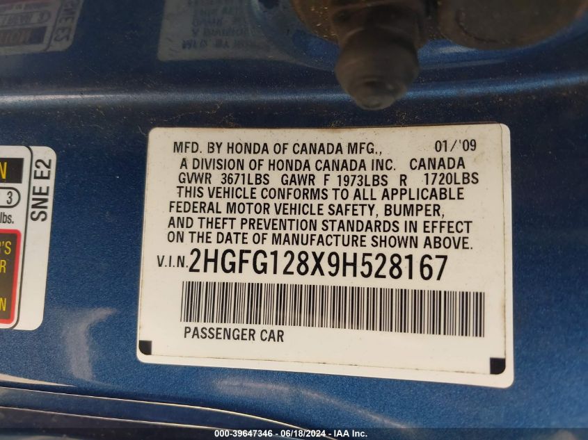 2009 Honda Civic Ex VIN: 2HGFG128X9H528167 Lot: 39647346