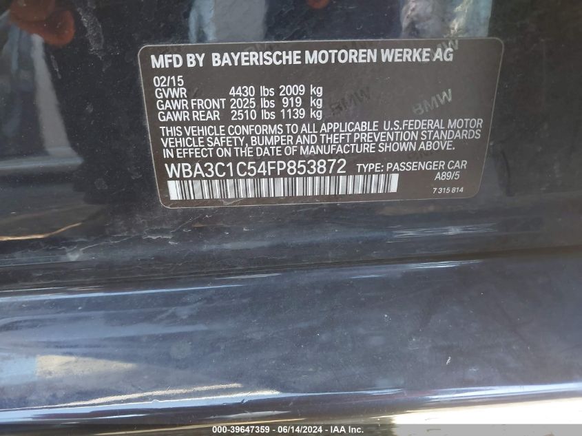 2015 BMW 328I VIN: WBA3C1C54FP853872 Lot: 39647359