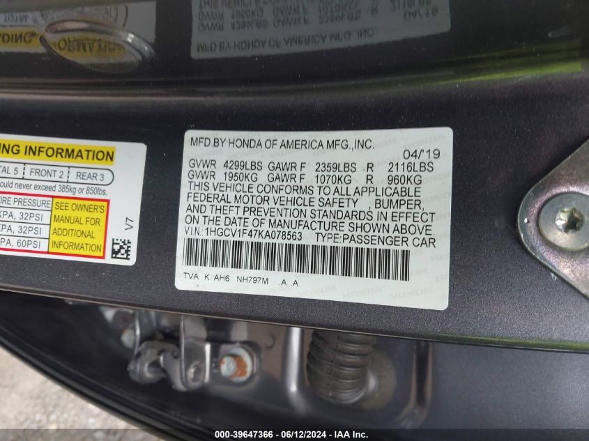 1HGCV1F47KA078563 | 2019 HONDA ACCORD