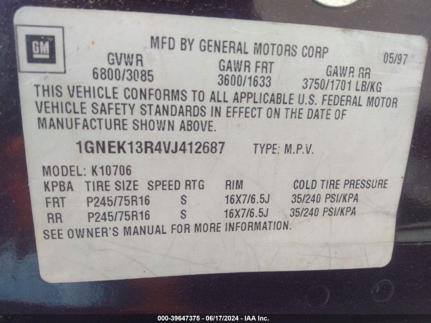 1997 Chevrolet Tahoe Lt VIN: 1GNEK13R4VJ412687 Lot: 39647375