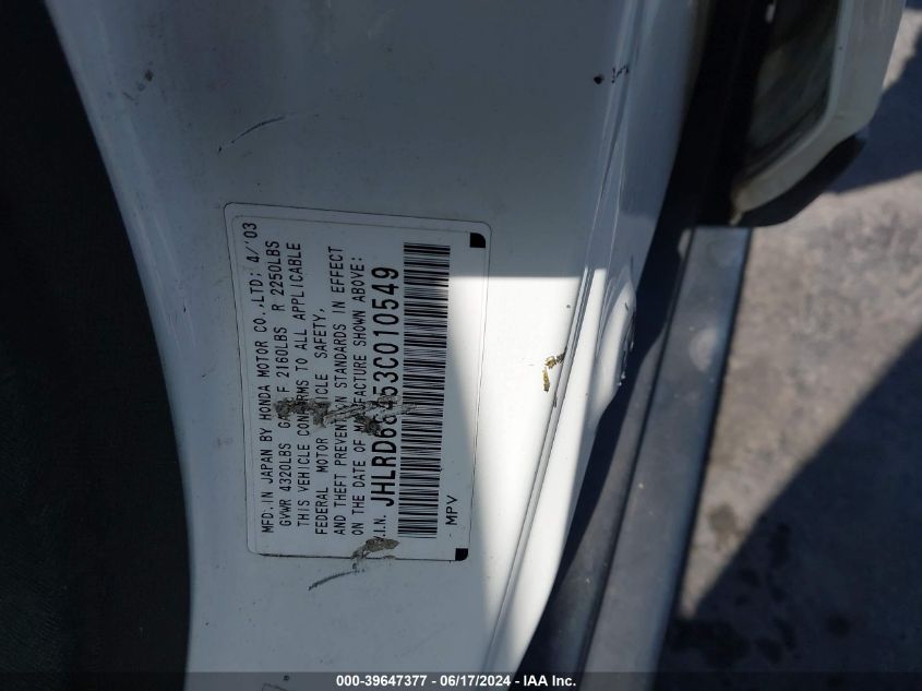 2003 Honda Cr-V Lx VIN: JHLRD68453C010549 Lot: 39647377