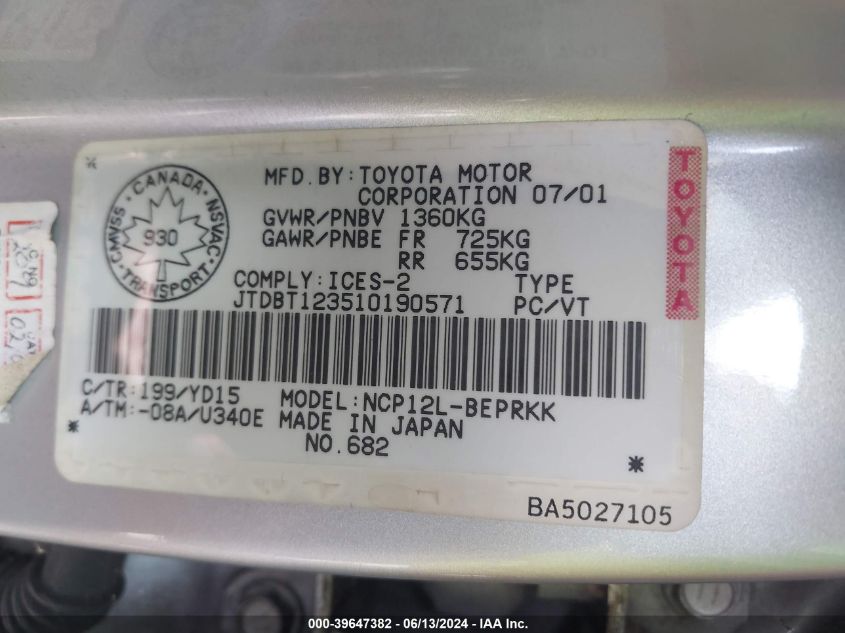 2001 Toyota Echo VIN: JTDBT123510190571 Lot: 39647382