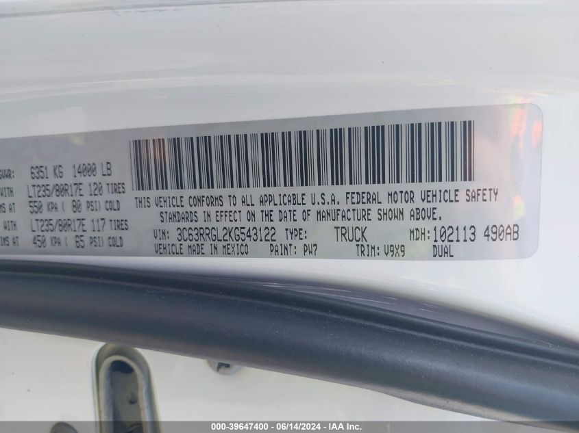 2019 Ram 3500 Tradesman 4X4 8' Box VIN: 3C63RRGL2KG543122 Lot: 39647400