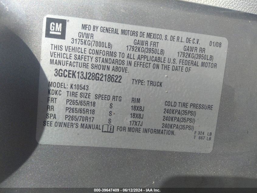 2008 Chevrolet Silverado 1500 Ltz VIN: 3GCEK13J28G218622 Lot: 39647409
