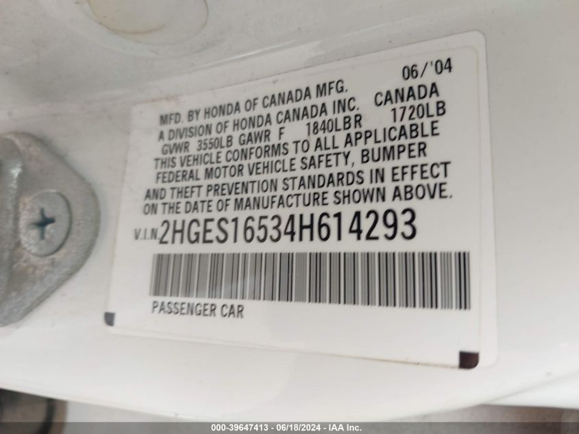 2004 Honda Civic Lx VIN: 2HGES16534H614293 Lot: 39647413