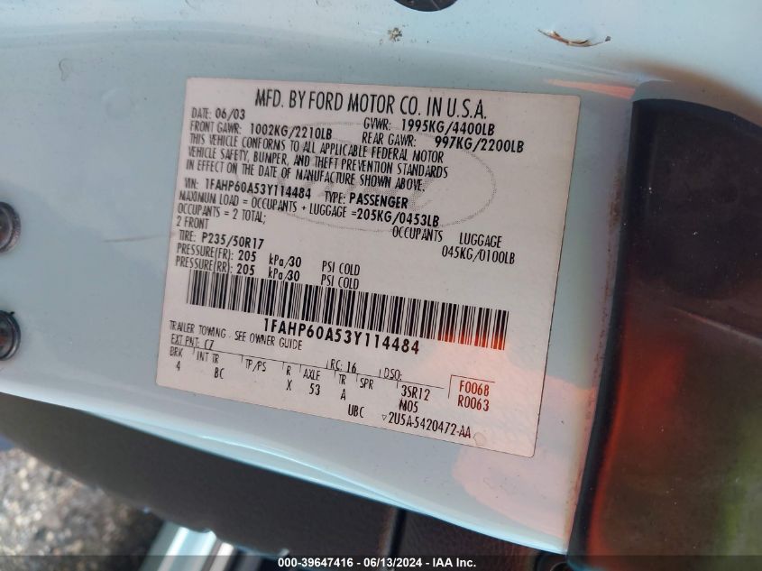2003 Ford Thunderbird VIN: 1FAHP60A53Y114484 Lot: 39647416