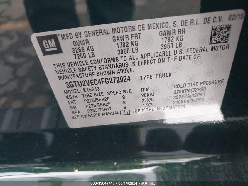 2015 GMC Sierra 1500 Slt VIN: 3GTU2VEC4FG272924 Lot: 39647417