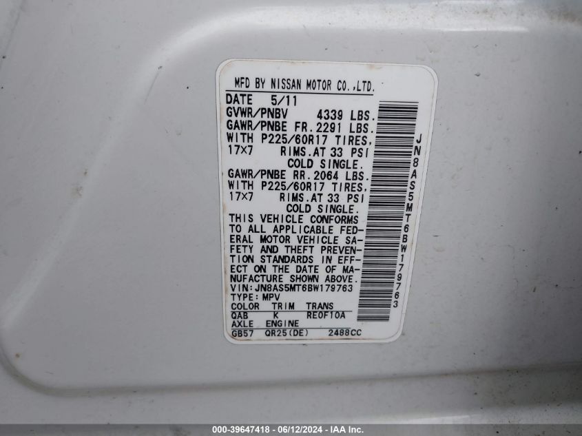 2011 Nissan Rogue Sv VIN: JN8AS5MT6BW179763 Lot: 39647418