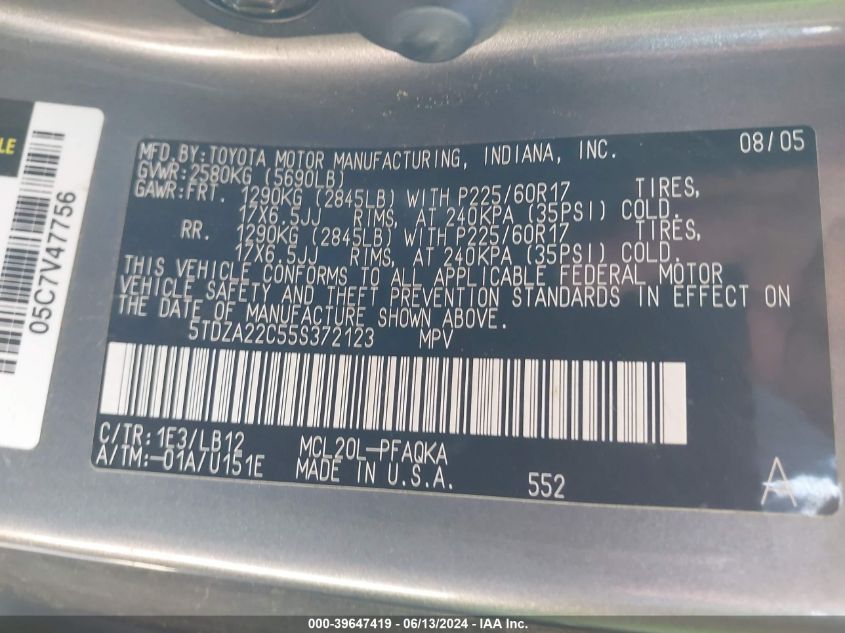 2005 Toyota Sienna Xle VIN: 5TDZA22C55S372123 Lot: 39647419