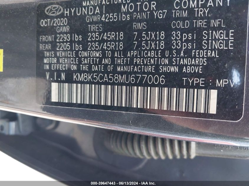 2021 Hyundai Kona Ultimate VIN: KM8K5CA58MU677006 Lot: 39647443