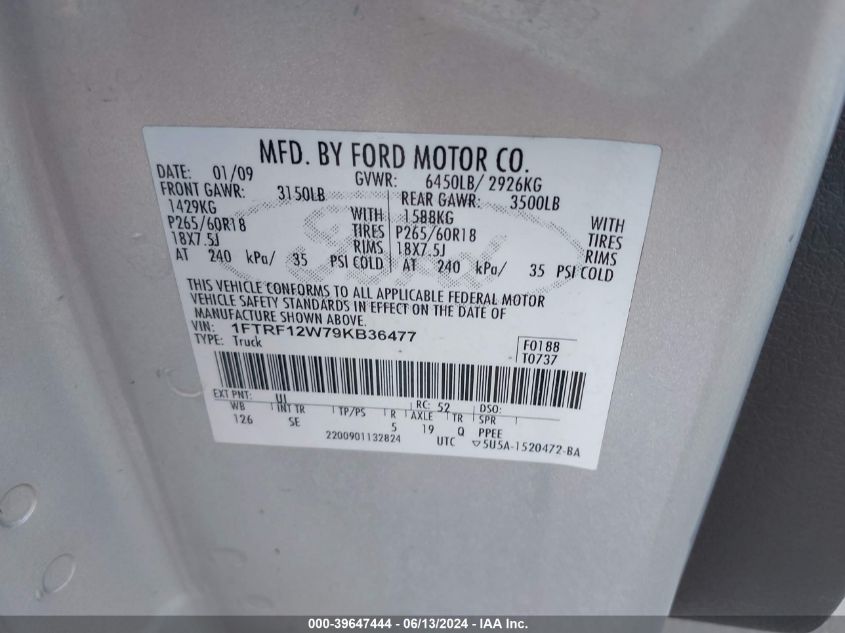 2009 Ford F-150 Stx/Xl/Xlt VIN: 1FTRF12W79KB36477 Lot: 39647444