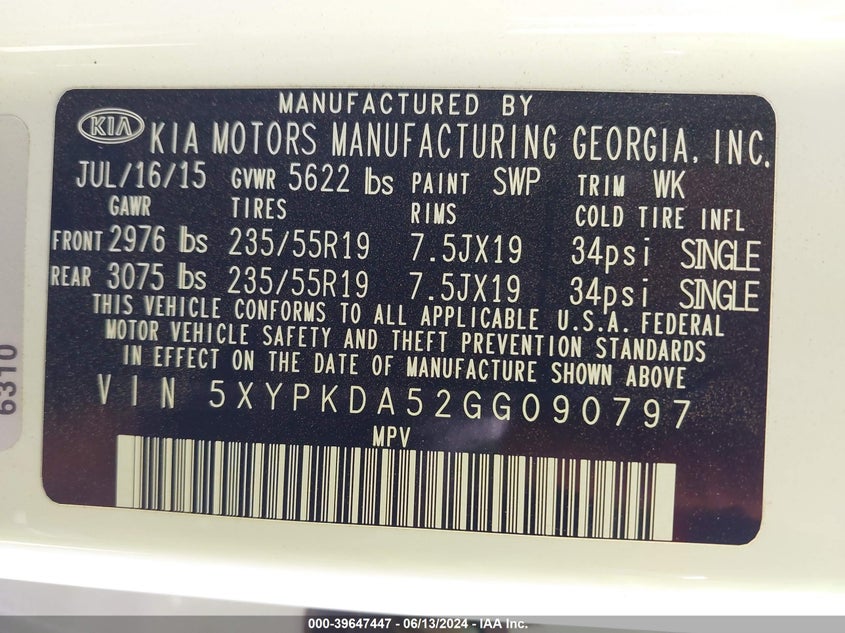 2016 Kia Sorento 3.3L Sxl VIN: 5XYPKDA52GG090797 Lot: 39647447