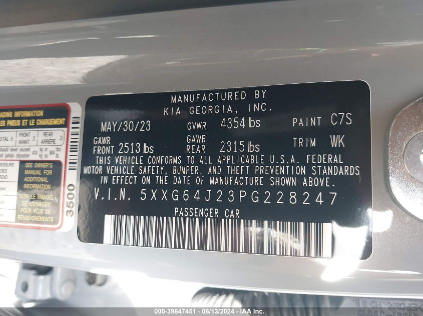 2023 Kia K5 Gt-Line VIN: 5XXG64J23PG228247 Lot: 39647451