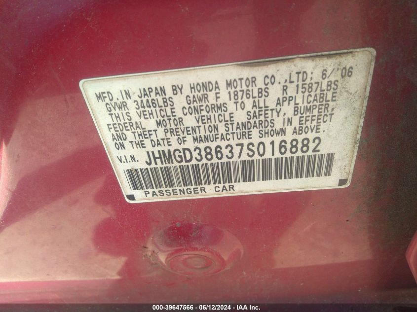 2007 Honda Fit Sport VIN: JHMGD38637S016882 Lot: 39647566