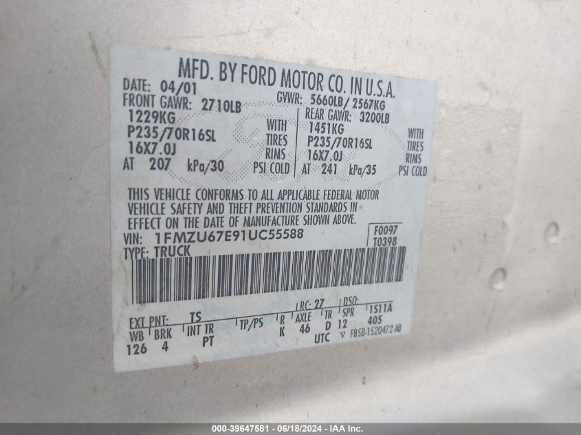 2001 Ford Explorer Sport Trac VIN: 1FMZU67E91UC55588 Lot: 39647581