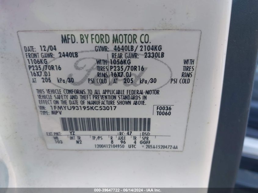 2005 Ford Escape Xlt VIN: 1FMYU93195KC53017 Lot: 39647722