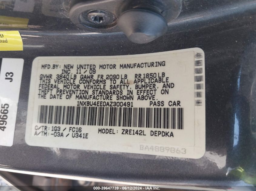 2010 Toyota Corolla Le VIN: 1NXBU4EE0AZ300491 Lot: 39647739