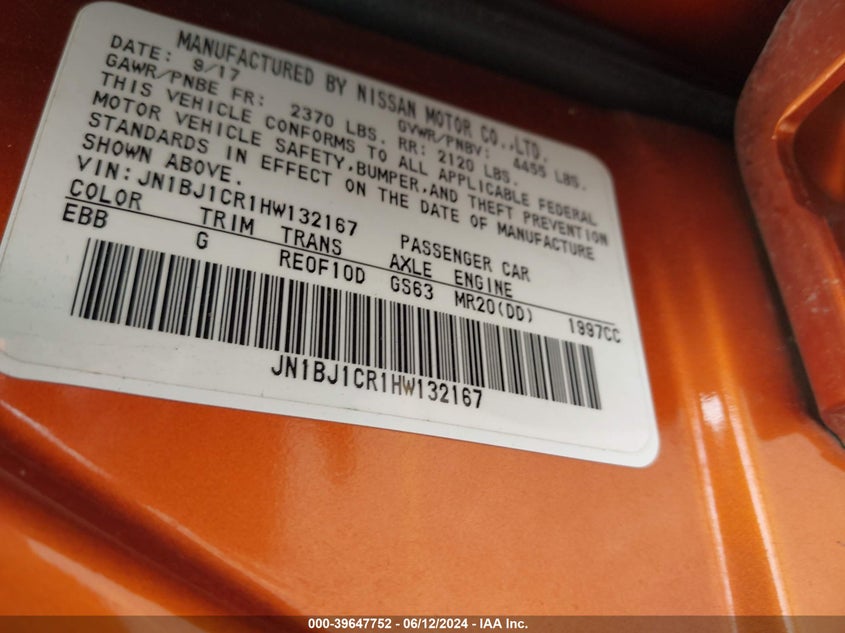 2017 Nissan Rogue Sport Sl VIN: JN1BJ1CR1HW132167 Lot: 39647752