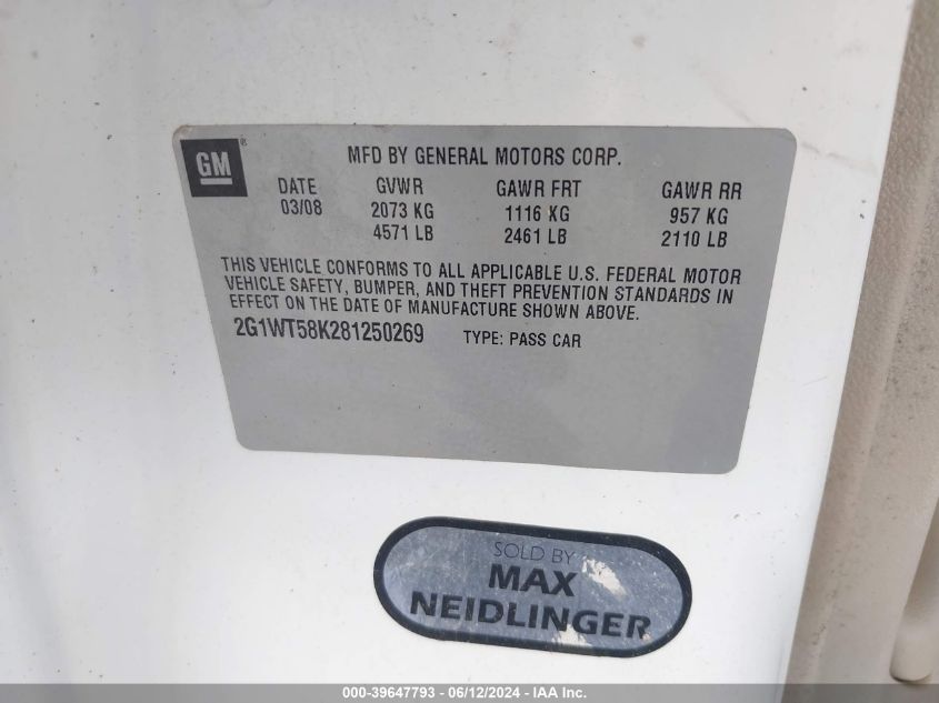 2008 Chevrolet Impala Lt VIN: 2G1WT58K281250269 Lot: 39647793